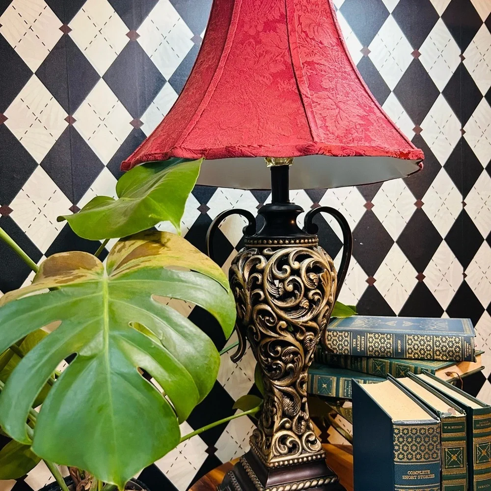 Luxury Vintage Black & Gold Table Lamp with Deep Burgundy‎ Shade Baroque Moody